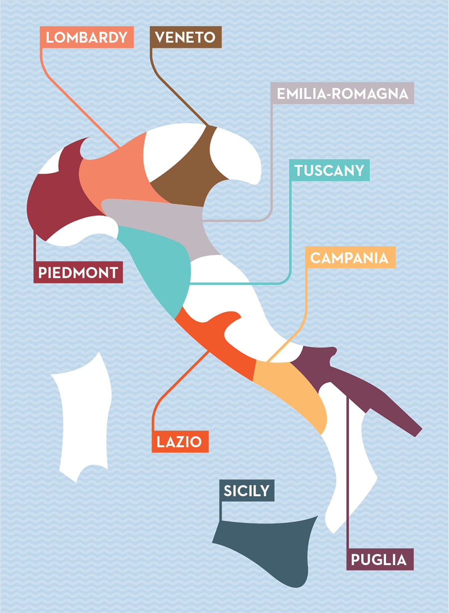 Illustrated map of Italy highlighting key regions associated with the films listed below